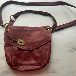 Fossil Women's Red‎ Brown Leather Bucket Crossbody Bag
